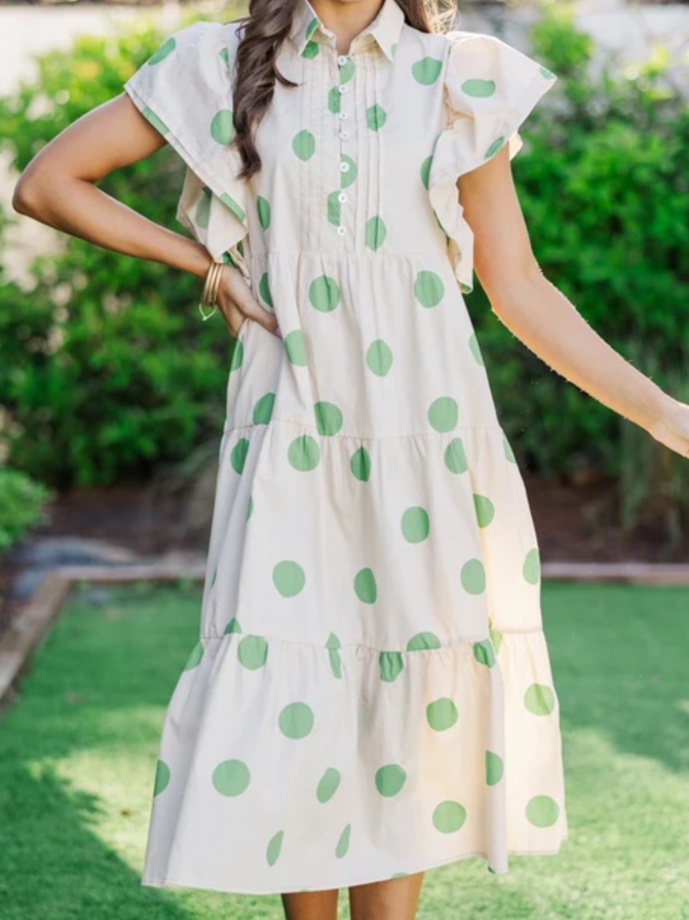 Casual Cream Dress with Green Polka Dots - Women's